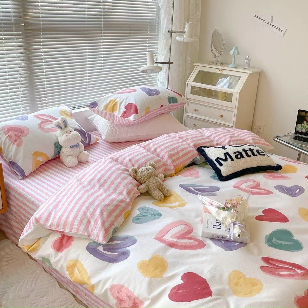 Bộ Chăn Ga gối cotton poly - Mẫu tim sắc màu