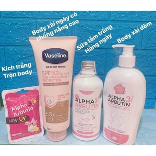 combo dưỡng trắng da toàn thân, vaseline 50x, sữa tắm alpha arbutin