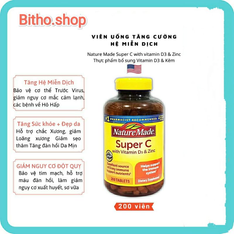 Viên uống tăng khả năng miễn dịch Vitamin Super C với D3 và kẽm  200viên
