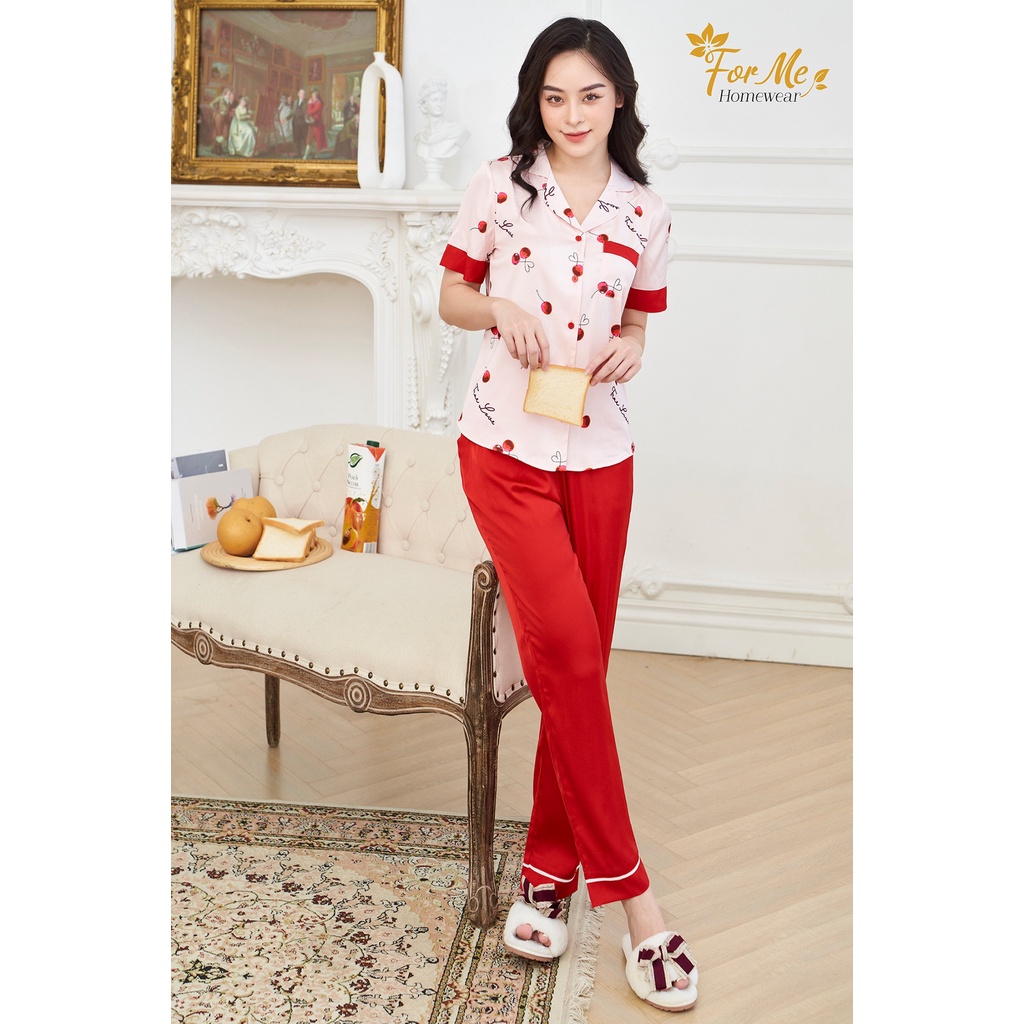 Bộ đồ ngủ, mặc nhà chất Lụa Giấy Luxury Cherry phối quần 14  ,forme pijama