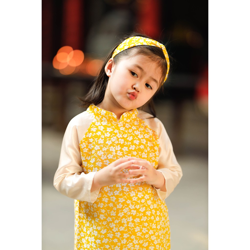 Set Áo Dài Bé Gái BYZU Mẫu Cách Tân Hoa Mai Nhí Phối Tay