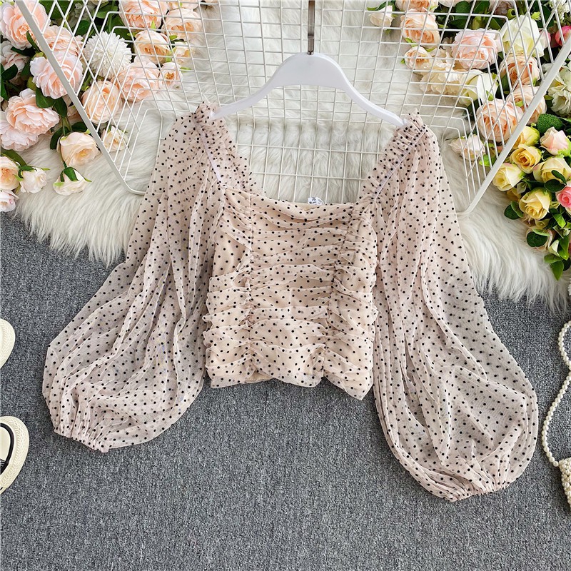 Áo sơ mi voan crop top cổ vuông dài tay kiểu tây ôm eo cao phong cách