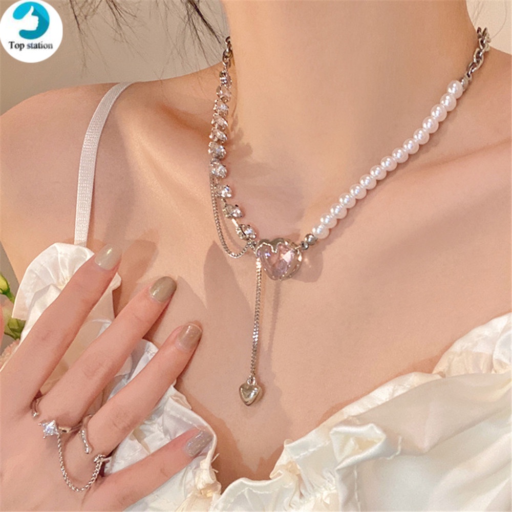 Vòng Cổ Chuỗi Ngọc Trai Mặt Hình Trái Tim Sang Trọng Thời Trang Cho Nữ