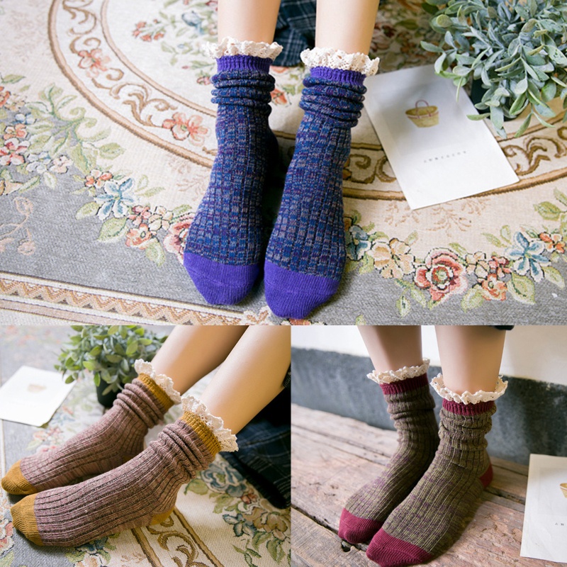 XIXI Vớ ống trung bình phối ren dày dặn ấm áp thời trang thu đông phong cách Nhật Bản cho nữ