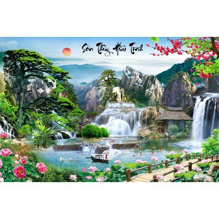 Tranh dán tường 3D thác nước hùng vĩ - sơn thủy hữu tình - vải lụa kim tuyến