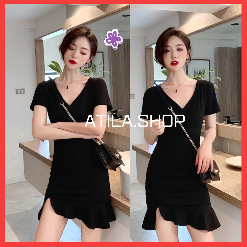 Váy nữ, đầm nữ body dáng ôm chiết eo xẻ tà ,đầm thiết kế thời thượng ATILA.SHOP