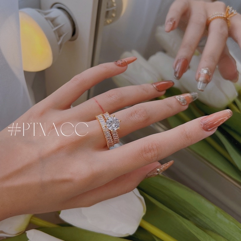 Set nhẫn paguet xi bạch kim, xi mạ vàng, bộ nhẫn 2 chiếc đính đá paguet nhỏ đơn giản .PTNACC.