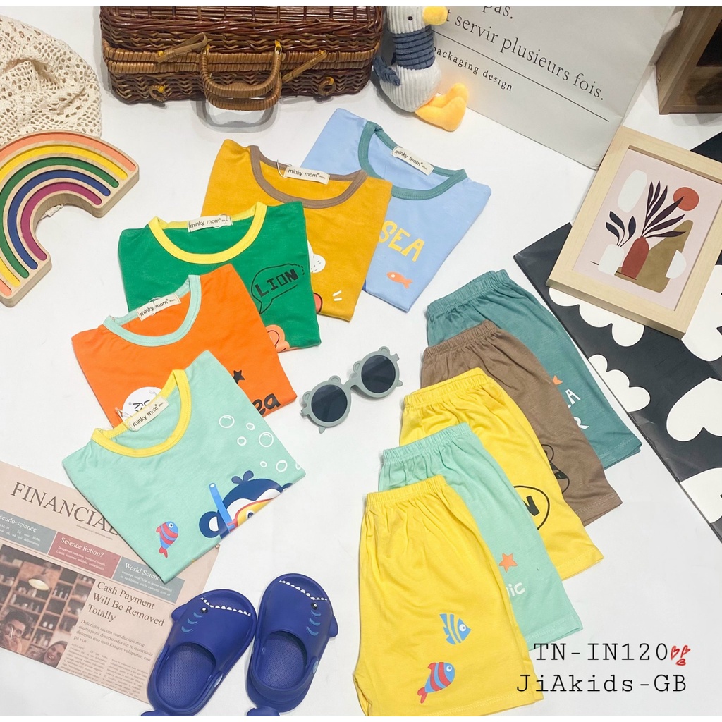 Bộ Ngắn Tay THUN LẠNH MINKY MOM In Hình Động Vật Phối Màu Áo Quần Cho Bé TN-IN120