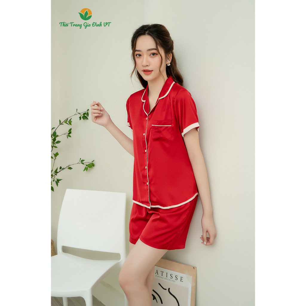 Bộ pijama lụa mặc nhà VT quần đùi áo cộc tay B23.2102 - Chất mềm, mát, thoải mái