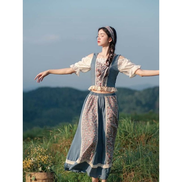 set váy vintage phối họa tiết hoa nhí xinh xắn