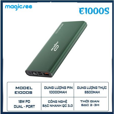 Pin sạc dự phòng Magicsee E1000S 10000mAh 18W - Đèn Led hiển thị Dung lượng Pin - 2 Cổng sạc nhanh USB, 1 Cổng sạc TypeC