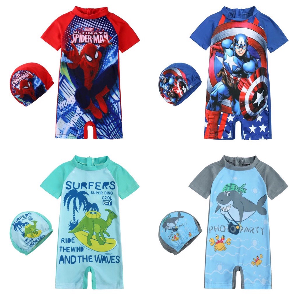 (Kèm Mũ) Đồ Bơi Liền Thân Cho Bé Họa Tiết Đáng Yêu, Đồ Bơi Siêu Nhân Cho Bé