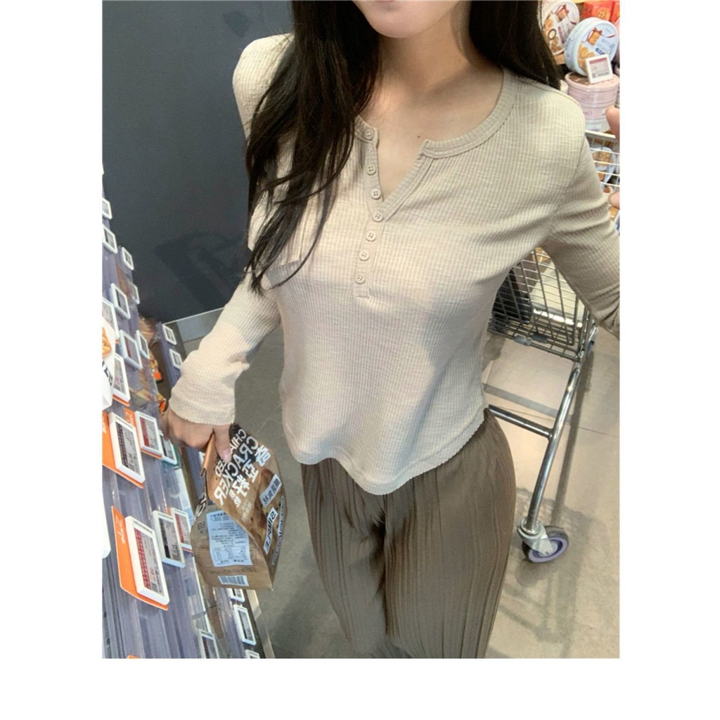 Áo Thun Nữ Dài Tay Cổ Tròn Sọc Caro Thời Trang Hàn