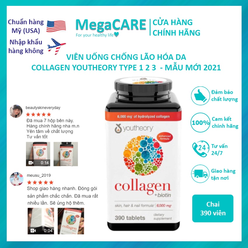 Viên Uống chống lão hóa da của Mỹ Collagen Youtheory 390 Viên Type 1,2&3 - Mẫu mới 2021