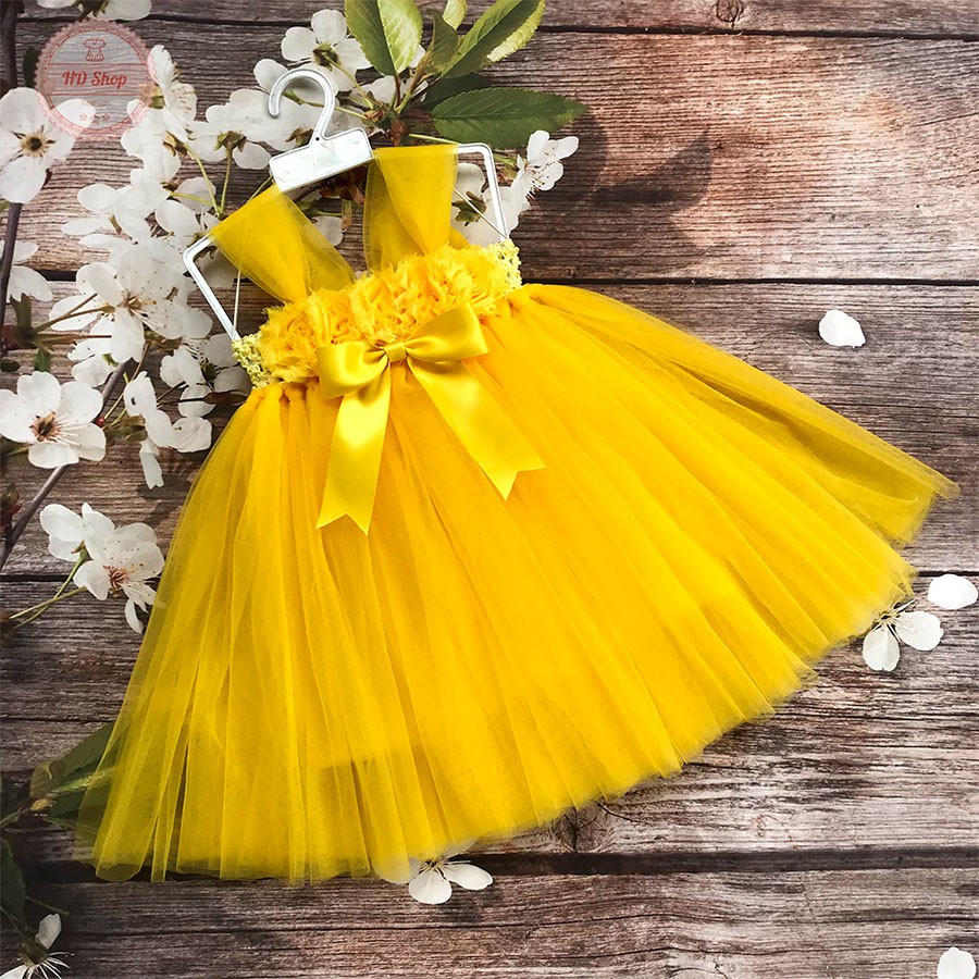Váy công chúa cho bé ❤️FREESHIP❤️ Váy xòe vàng hoa 3D cho bé gái - váy diện trung thu