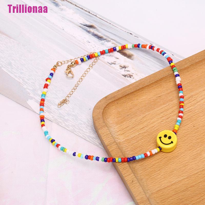 [Trillionaa] Vòng Cổ Choker Chuỗi Hạt Nhiều Màu Sắc Mặt Cười Phong Cách Bohemia