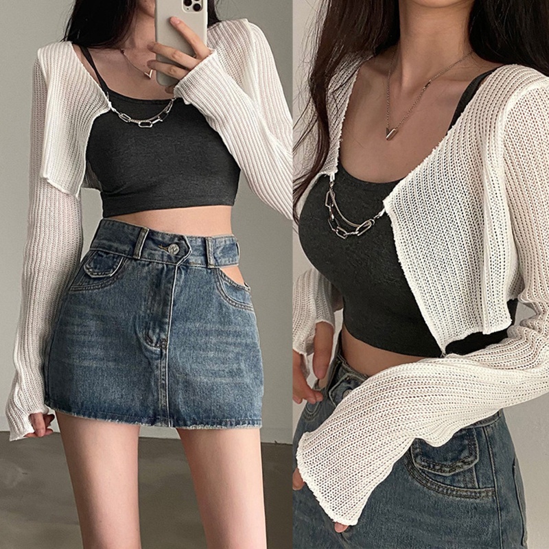 Áo Cardigan Dệt Kim Tay Dài Chống Nắng Phong Cách Hàn Quốc Thời Trang Mùa Hè Cho Nữ