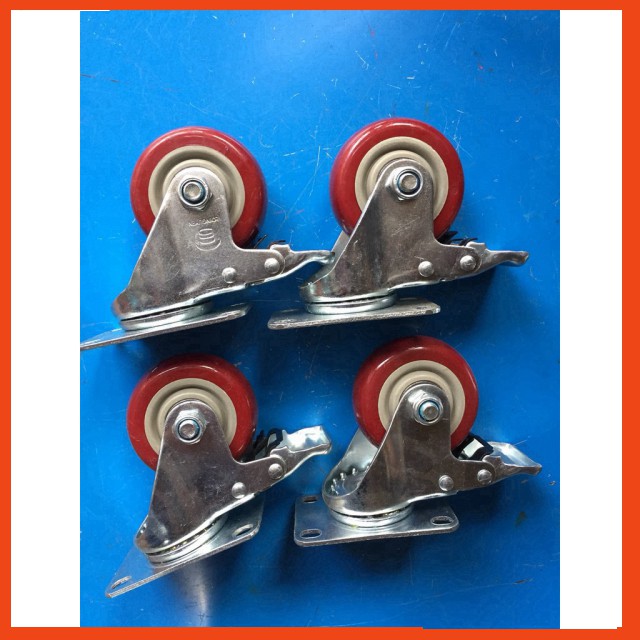 Bộ 4 bánh xe đỏ mận chịu tải 150kg, bộ 4 bánh xe đường kính 8cm.(4 bánh phanh), bánh xe đẩy hàng cao