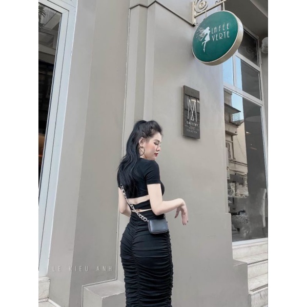 Đầm Thun Ôm Body Dáng Dài Maxi Tay Ngắn Nhún Hông Hở Lưng Sexy | BigBuy360 - bigbuy360.vn