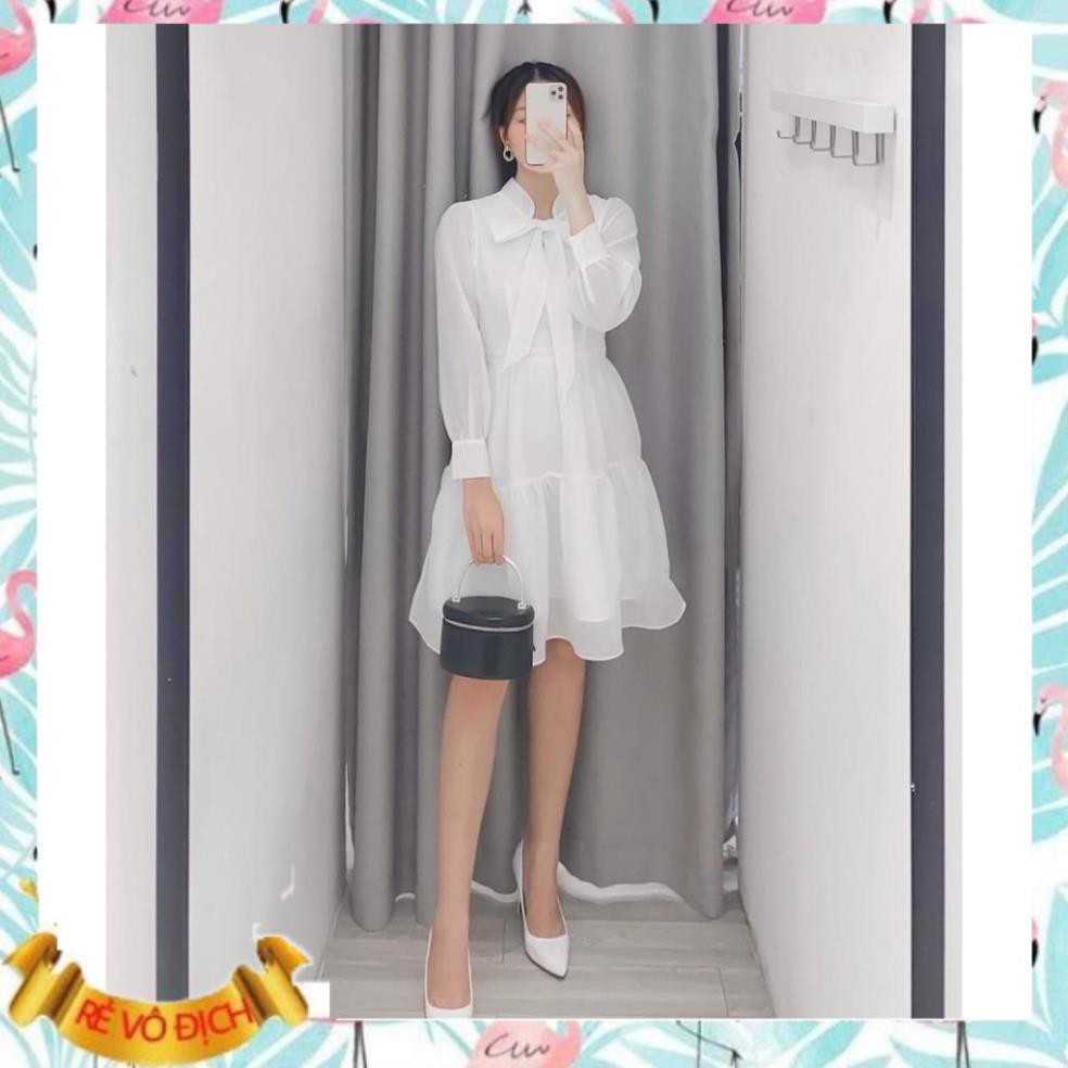 Đầm công sở trắng xanh nơ ngực tơ tầng xinh xắn - Moly dress | BigBuy360 - bigbuy360.vn