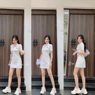 Đầm body cổ bẻ thêu hình gấu siêu xinh