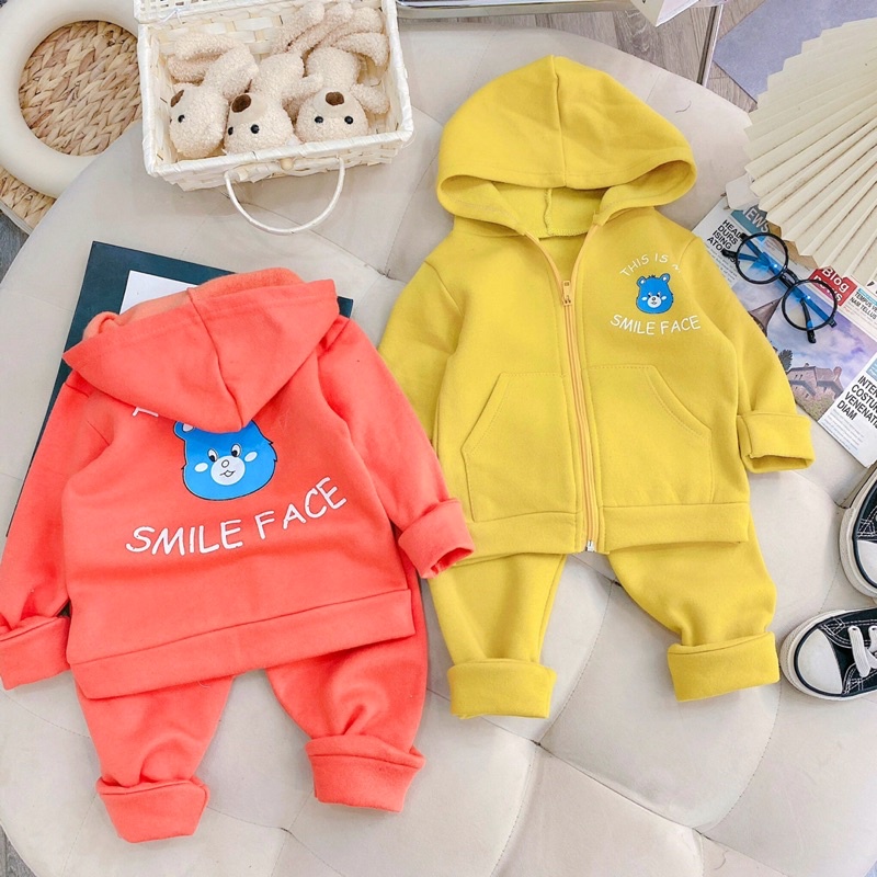 Bộ nỉ bông cho bé trai bé gái dầy dặn kèm mũ_Quần áo trẻ em dài tay thu đông