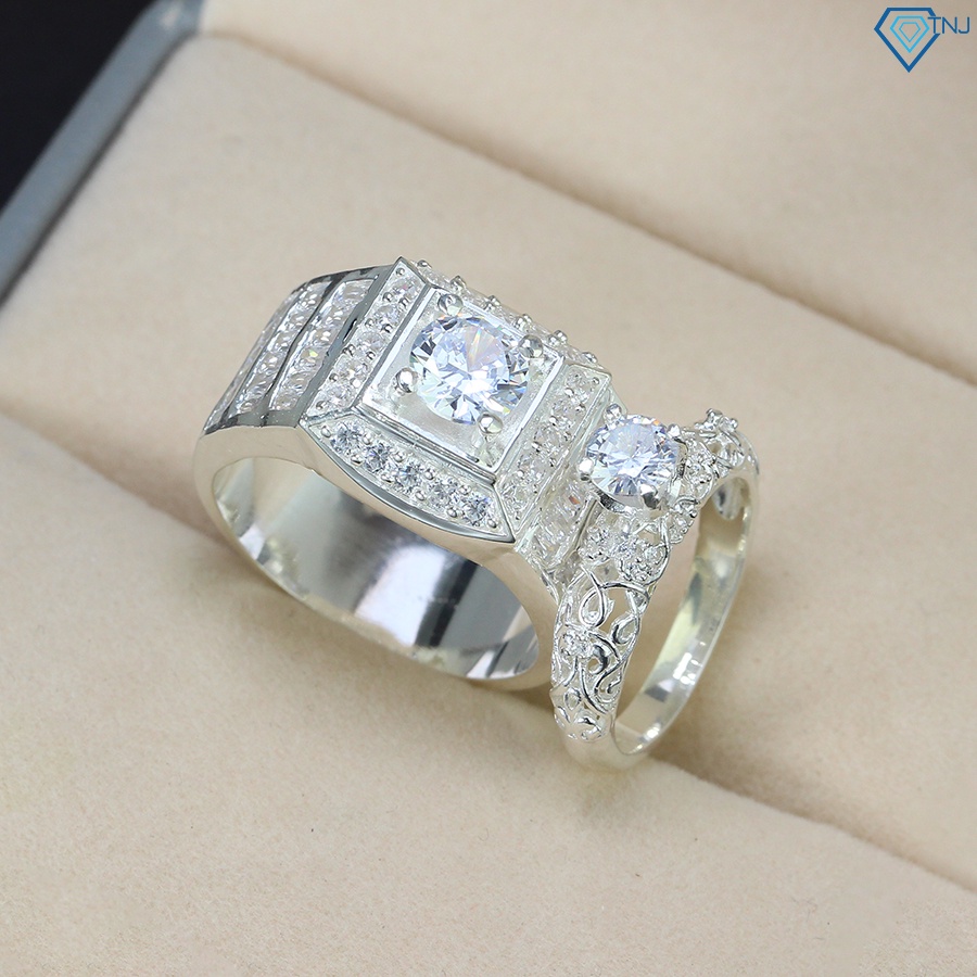 Nhẫn đôi bạc 925 nam nữ khắc tên đính đá sang trọng ND0480 - Trang sức TNJ