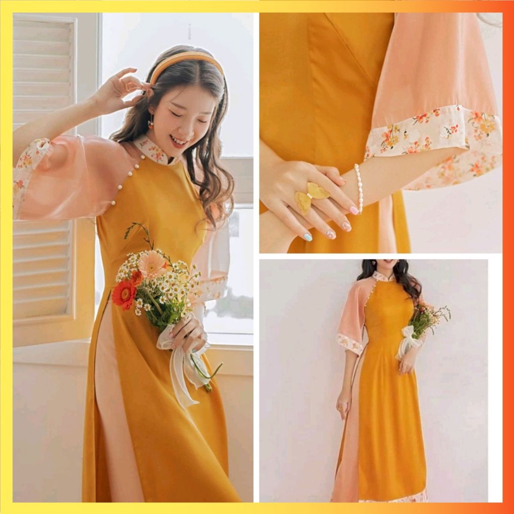 ÁO DÀI CÁCH TÂN NỮ THIẾT KẾ TAY PHỐI TƠ HOA NHÍ MÀU VÀNG - ÁO DÀI TRUYỀN THỐNG MAY SẴN BHXV