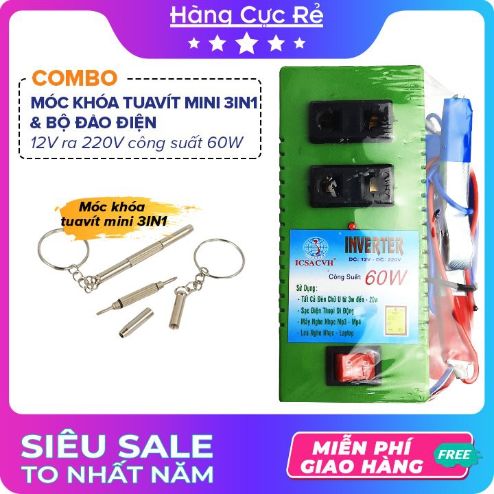 Combo 1 Thiết bị biến điện từ bình Ắc quy 12V ra 220V công suất 60W + 1 Móc khóa tuavít mini 3IN1 - Shop Hàng Cực Rẻ