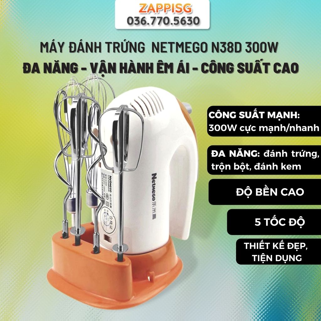 Máy Đánh Trứng Cầm Tay Netmego N38D 300W Cao Cấp Bền Đẹp , Gồm 2 Que Trộn, 2 Que Nhào, 2 Que Phới Lồng