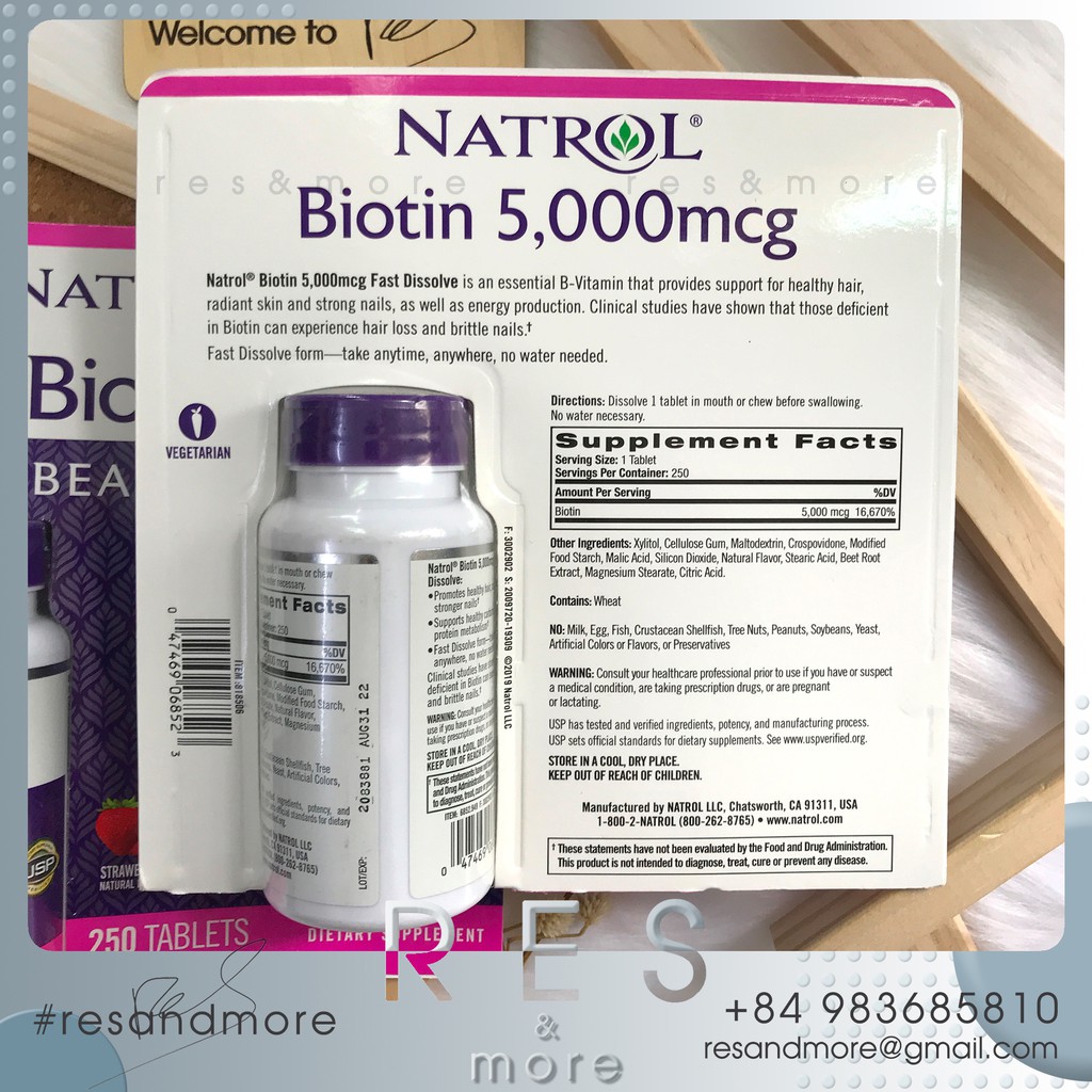 Viên ngậm mọc tóc Natrol Biotin Beauty 5000mcg [250 viên]