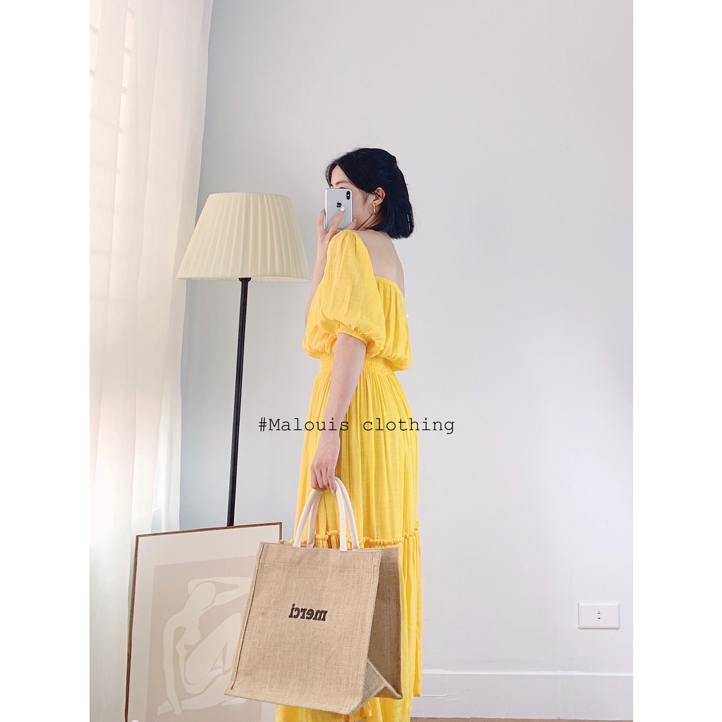 Đầm maxi cổ vuông màu xanh tay bồng chun eo dáng dài - V10