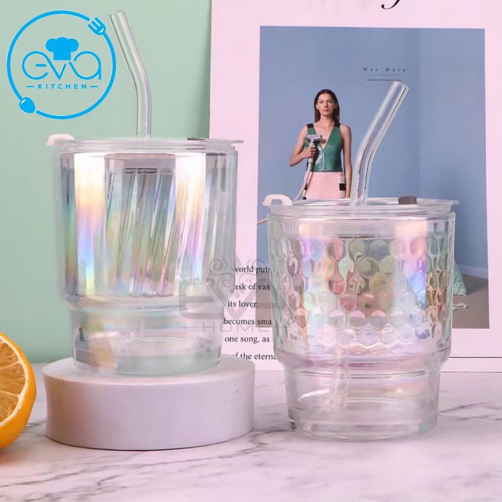 Ly Thuỷ Tinh Hot Trend Màu Cầu Vòng Óng Ánh 400ML Có Nắp Đậy Và Ống Hút Sang Trọng Phong Cách Hàn Quốc M650