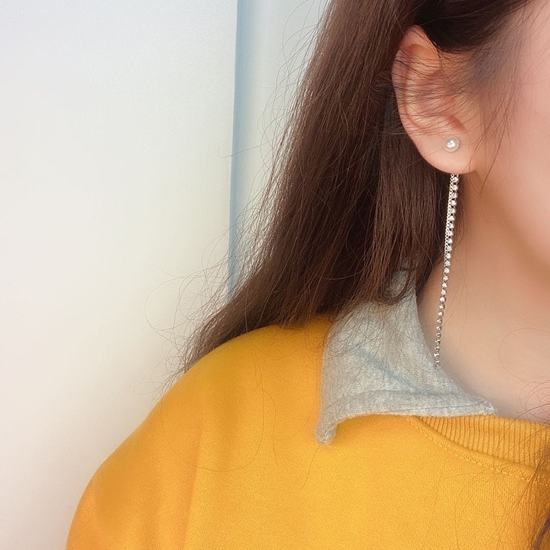 bông tai tua rua dài đính đá sang chảnh, khuyên tai đính đá phong cách hàn quốc