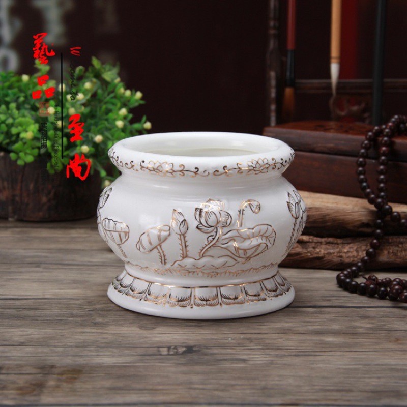 [ĐỒ THỜ CÚNG] LƯ HƯƠNG BẠCH NGỌC SỨ TRẮNG HOA SEN NỔI