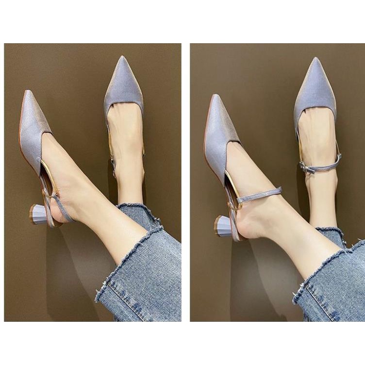 Giày Sandal Satin Gót Thấp Mũi Nhọn Thời Trang Mùa Xuân Dành Cho Nữ 2021