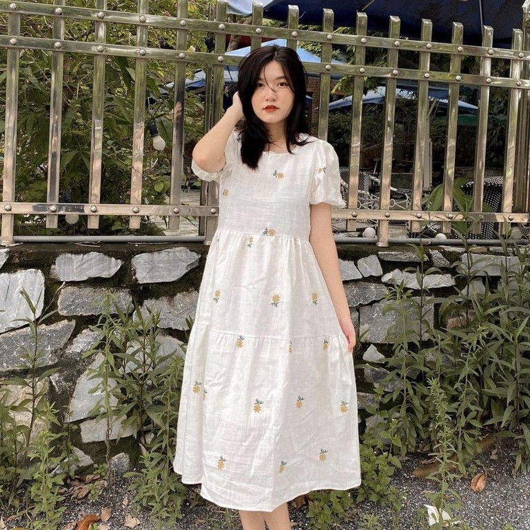 Váy Hoa Nhí Dáng Dài Tay Bồng - Họa Tiết Hoa Cúc - Vintage Ulzzang - Ảnh Thật - Titto Closet