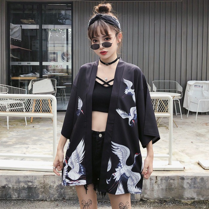 💥 Áo khoác kimono haori hạc trắng đen