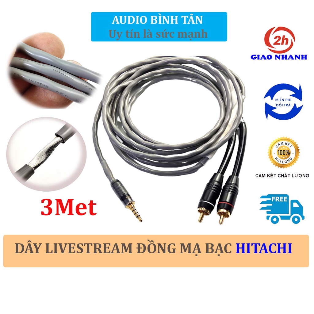 Dây livestream thu âm điện thoại HITACHI 3Met dây đồng mạ bạc cao cấp Live stream mixer, amply, soundcard - Audio Bình T