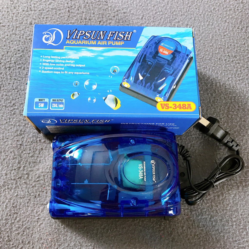 Máy oxy VipSun 2 Vòi 5w Kèm 2m dây, 2 Sủi Cho Hồ Cá Cảnh Tặng 3 Van Chữ T vàng, 3 nối, 2 sủi sơ cua