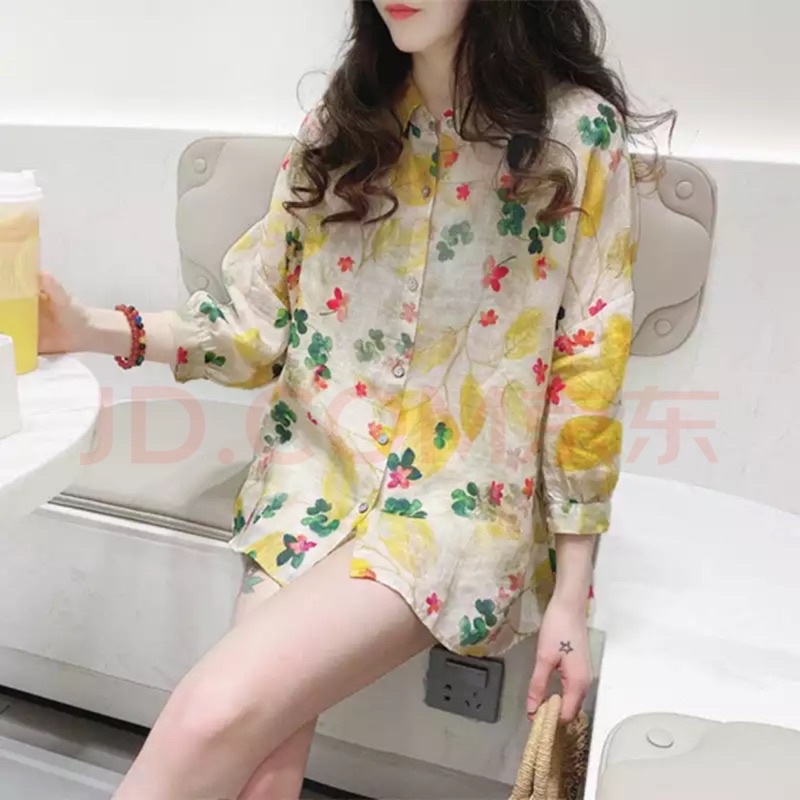 Sơmi hoa vàng búp bê phong cách phương tây lỏng lẻo tay áo ba phần tư