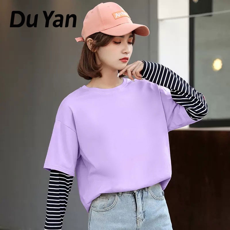 Áo Thun Giả Hai Lớp Tay Dài Cổ Tròn Dáng Rộng plus size Phong Cách Hàn Quốc