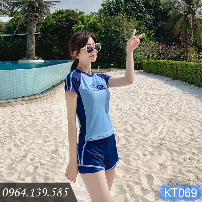 Bộ bơi nữ áo cộc tay, quần sooc đùi thể thao, đệm tròn dễ mặc, chất thun co giãn, dáng năng động, dấu bụng tốt | KT069