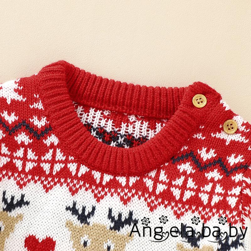 Bộ Áo Liền Quần Tay Dài Cổ Tròn In Họa Tiết Giáng Sinh + Mũ Dệt Kim Thời Trang Mùa Đông Cho Bé 0-18 Tháng Tuổi