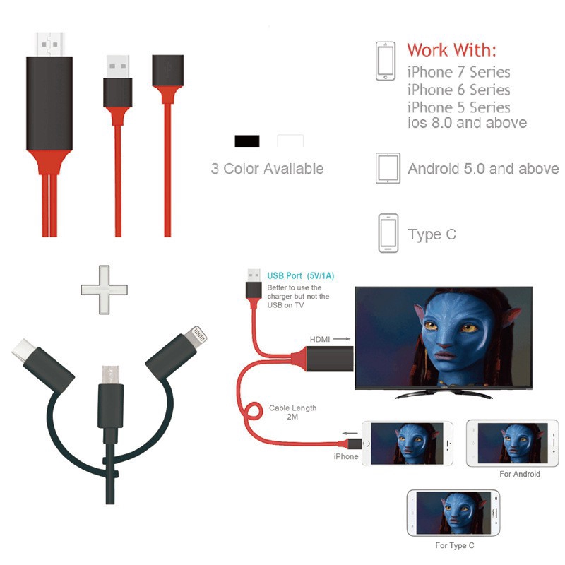 Dây Cáp Chuyển Đổi Micro Usb/Hdmi/Hml 1080p Mhl Micro Usb Sang Hdmi Hd Tv 3 Trong 1 Cho Điện Thoại Android Ios