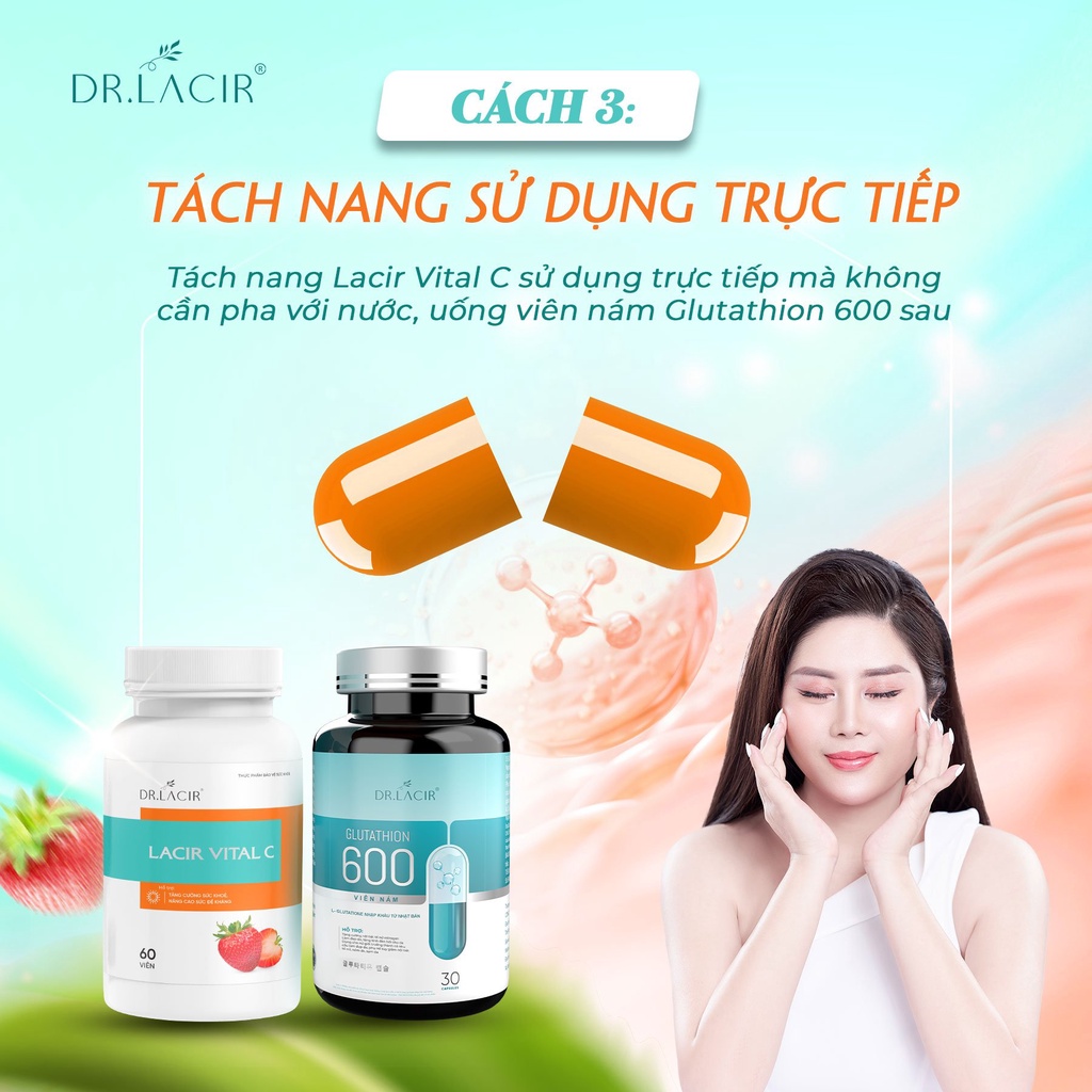 Combo Vitamin C DR LACIR hộp 60 viên và Glutathione 600 giúp trắng da mờ nám hiệu quả hộp 30 viên LM44