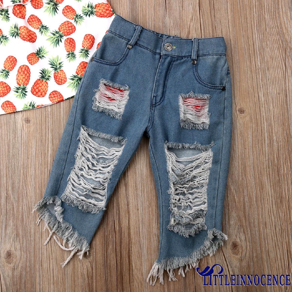 Set áo trễ vai + quần dài denim dành cho bé gái