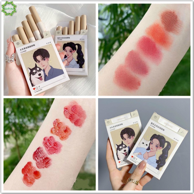 Bộ 5 thỏi son môi Qipin HERORANGE mềm mịn như nhung lâu trôi họa tiết cún mèo