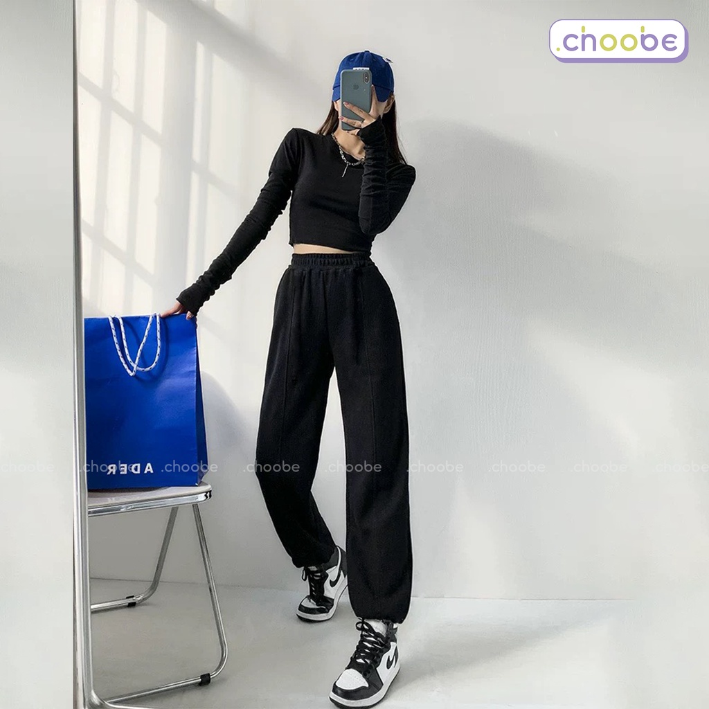 Quần jogger nữ Choobe bom unisex kiểu gân dây rút vải dày dặn ống rộng bo gấu dáng dài cạp chun thể thao tập gym Q52