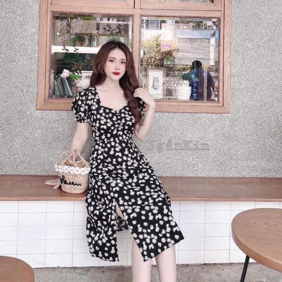 Váy đầm nữ dự tiệc dáng xòe hoa cúc họa mi tay con nhún trước ngực chất lụa hoa cao cấp mềm mại, mặc tôn dáng